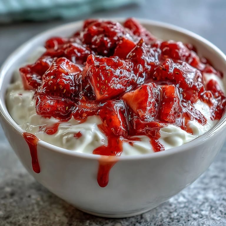 Refreshing strawberry compote served over chilled Greek yogurt, garnished with mint leaves for a light, fruity dessert.
