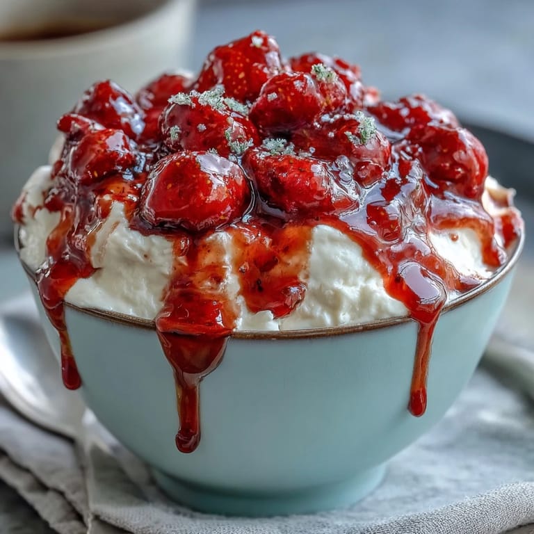 Creamy Greek yogurt topped with warm strawberry compote and a touch of vanilla for a sweet-tart treat.  