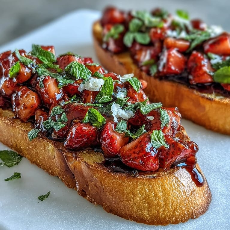 Juicy strawberries and fragrant mint top golden garlic-rubbed crostini, drizzled with tangy balsamic reduction for a refreshing bite.  