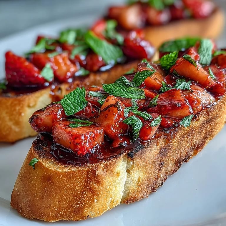 Sweet strawberry bruschetta with balsamic and mint, an easy vegetarian appetizer perfect for entertaining or light snacking.