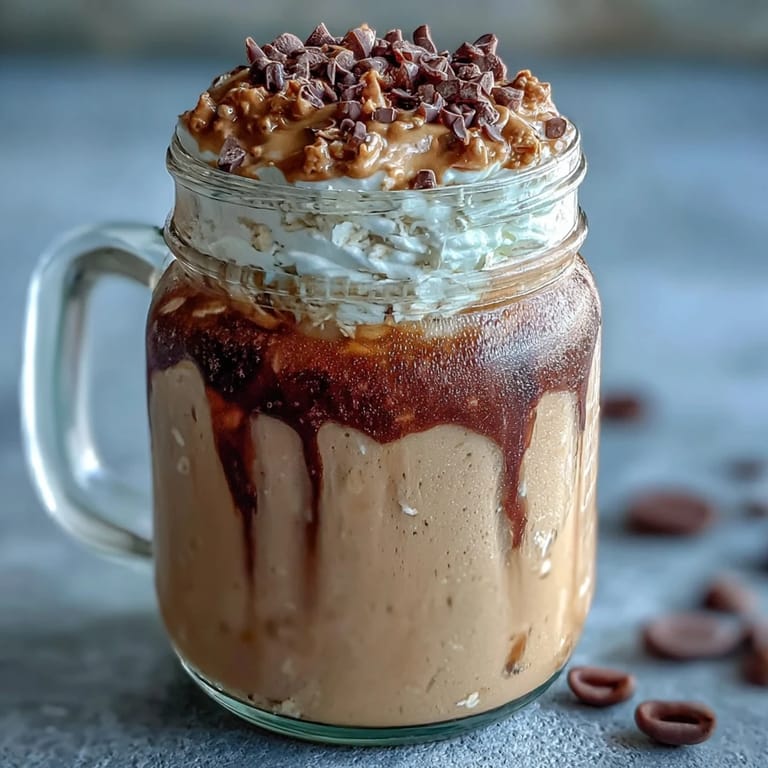Vanilla Bean Frappuccino Overnight Oats Jar featuring coffee-soaked oats, vanilla bean aroma, and a dollop of whipped cream for a café-inspired breakfast.