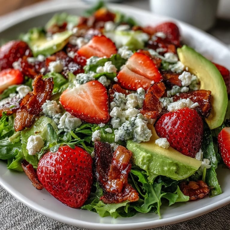 Bright and fresh Spring Cobb Salad with Strawberries and Avocado, featuring ripe berries, buttery avocado, and a tangy balsamic dressing for a perfect lunch.