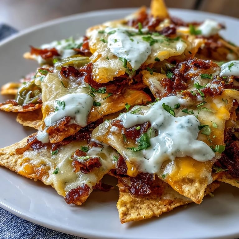 Golden tortilla chips smothered in creamy cheese sauce, garnished with jalapeños, tomatoes, and cilantro for a bold Tex-Mex snack.