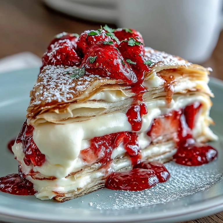 Layered strawberry crepe cake with silky vanilla mascarpone filling, dusted with powdered sugar and garnished with fresh mint.