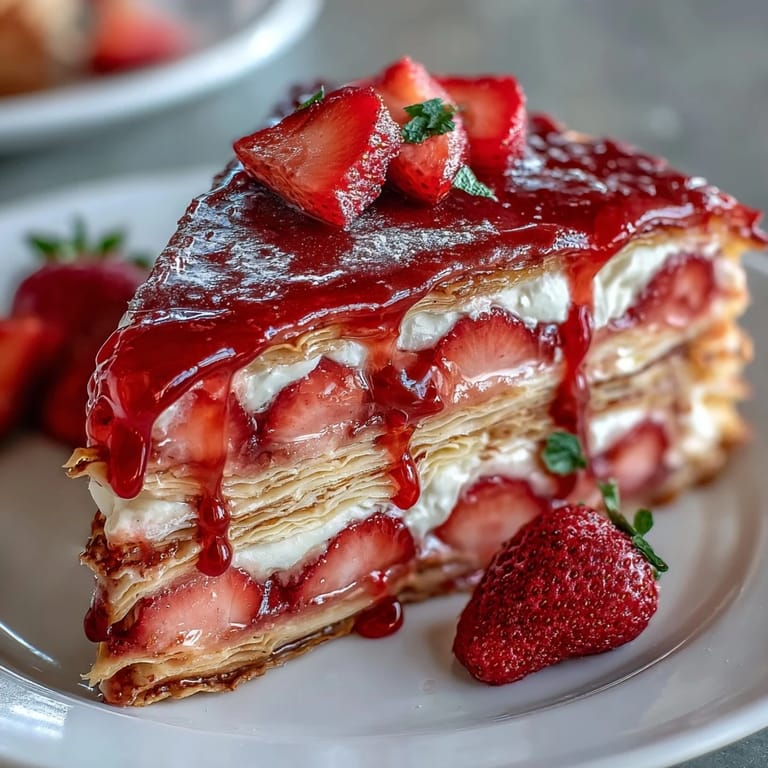 Elegant strawberry crepe cake featuring thin French crepes, juicy berries, and rich cream, ideal for a special occasion dessert.