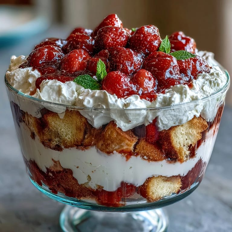 Festive Mothers Day strawberry shortcake trifle with vibrant red berries and soft cream, perfect for springtime celebrations.