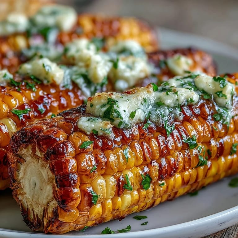 Overhead view of golden corn on the cob coated in rich garlic butter, served with lemon wedges for brightness.