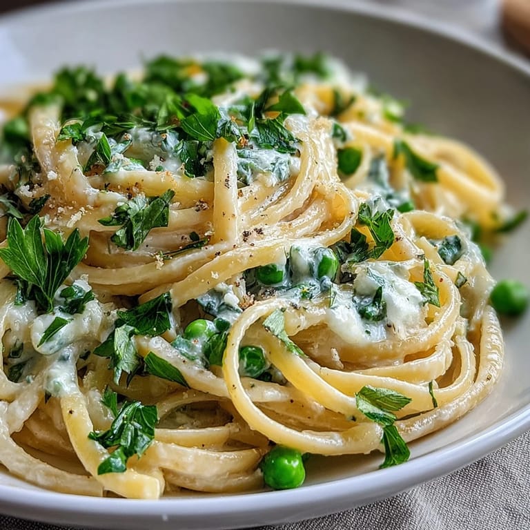 Bright and zesty ricotta-lemon linguine with vibrant green peas, tossed with garlic and Parmesan.  