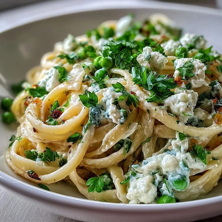 Spring pasta with al dente linguine, creamy ricotta, lemon zest, and sweet peas for a fresh vegetarian meal.