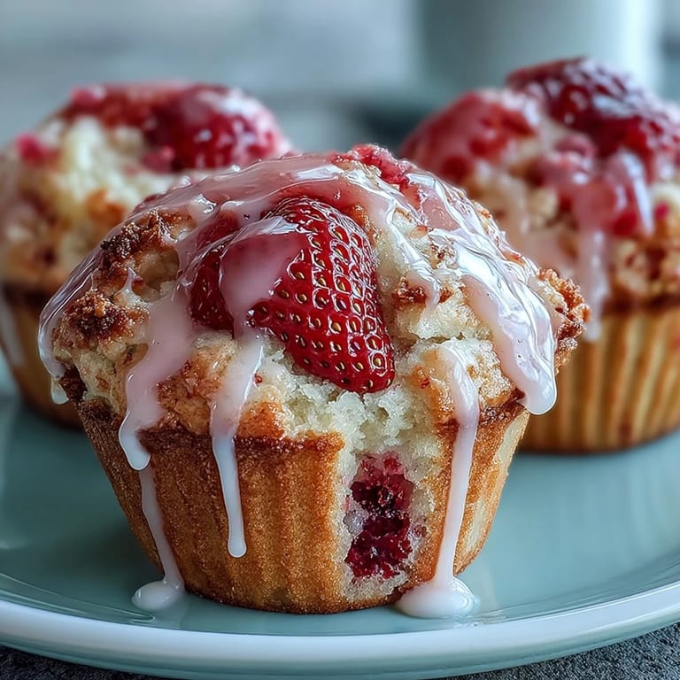3. Tender strawberry lemon muffins with a vibrant lemon glaze, ideal for a light breakfast or afternoon treat.