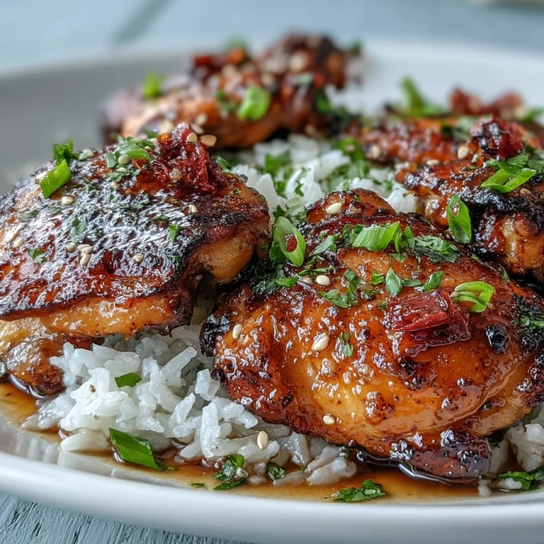 Juicy chicken in a glossy honey garlic glaze, plated over steaming rice for a satisfying meal.