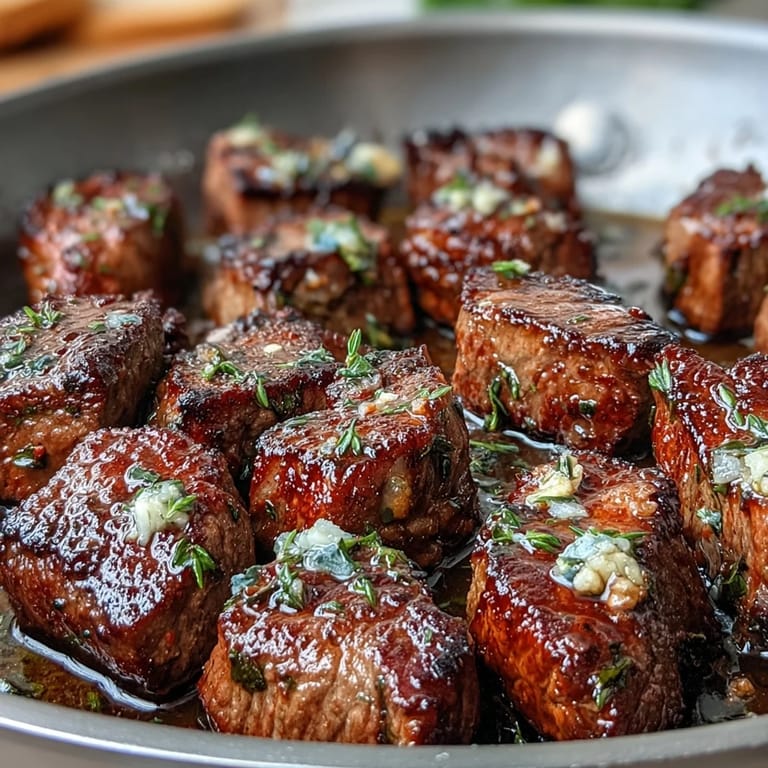 Savory steak cubes seared to golden brown perfection, tossed with garlic butter and fresh parsley.