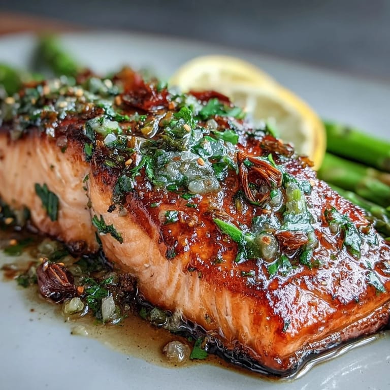 Succulent salmon and asparagus, cooked in sizzling garlic butter with lemon slices, garnished with parsley for a fresh and elegant meal.