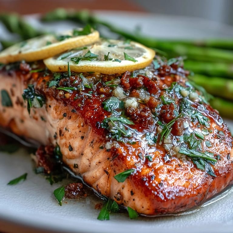 Pan-seared salmon fillets with asparagus, drizzled in fragrant garlic butter and fresh thyme, perfect for a quick spring dinner.