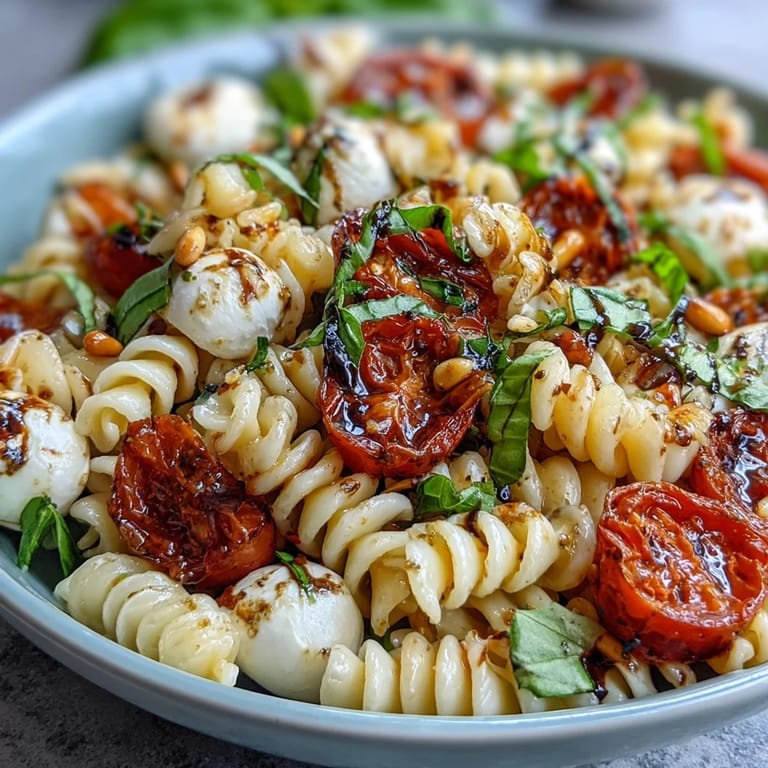 Vibrant pasta salad featuring juicy cherry tomatoes, creamy mozzarella, and aromatic fresh basil, tossed with al dente pasta for a refreshing summer dish.