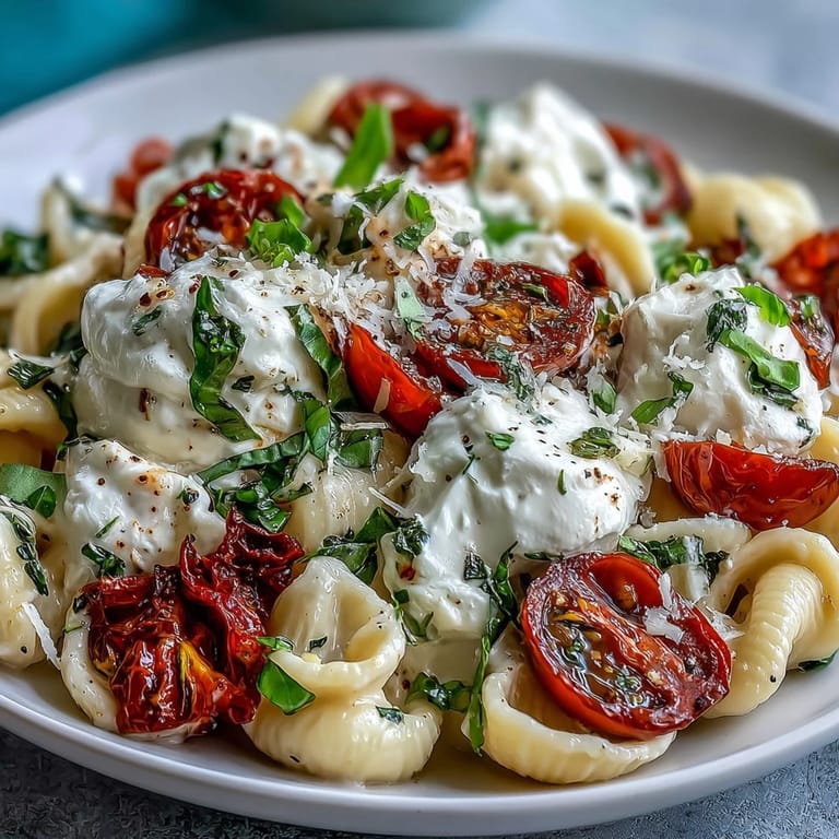Silky burrata melts over al dente pasta, mingling with sautéed garlic, cherry tomatoes, and fragrant basil leaves.