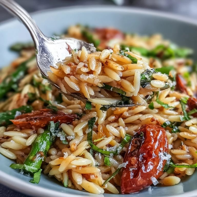 Spring Orzo Primavera showcasing tender orzo pasta tossed with zucchini, cherry tomatoes, and a zesty lemon finish.
