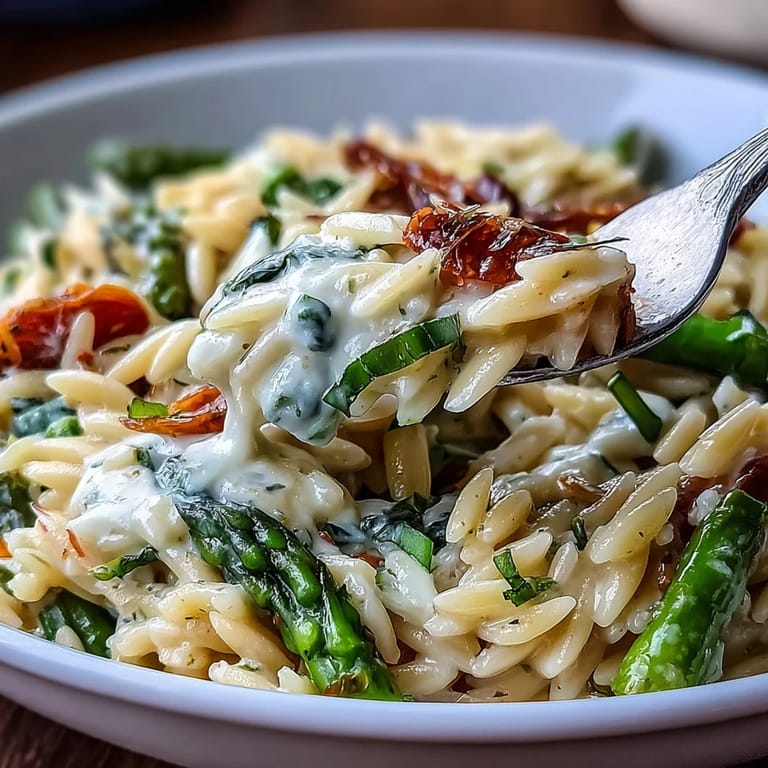 Colorful Spring Orzo Primavera featuring seasonal vegetables, fragrant basil, and creamy parmesan for a fresh vegetarian meal.