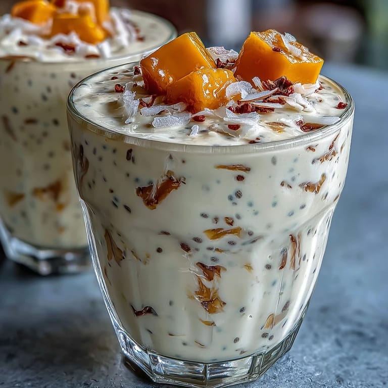 Thick and nutritious mango coconut chia smoothie blended to creamy perfection, topped with chia seeds and fresh mango slices for a healthy snack.