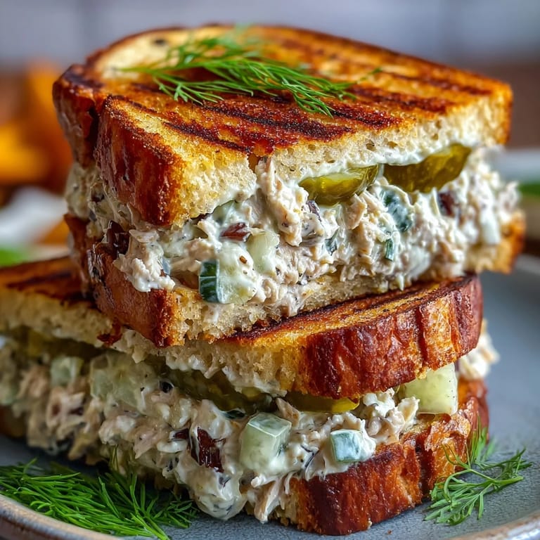 Golden grilled tuna melt sandwich filled with cheesy tuna salad and crunchy pickles for a satisfying lunch.