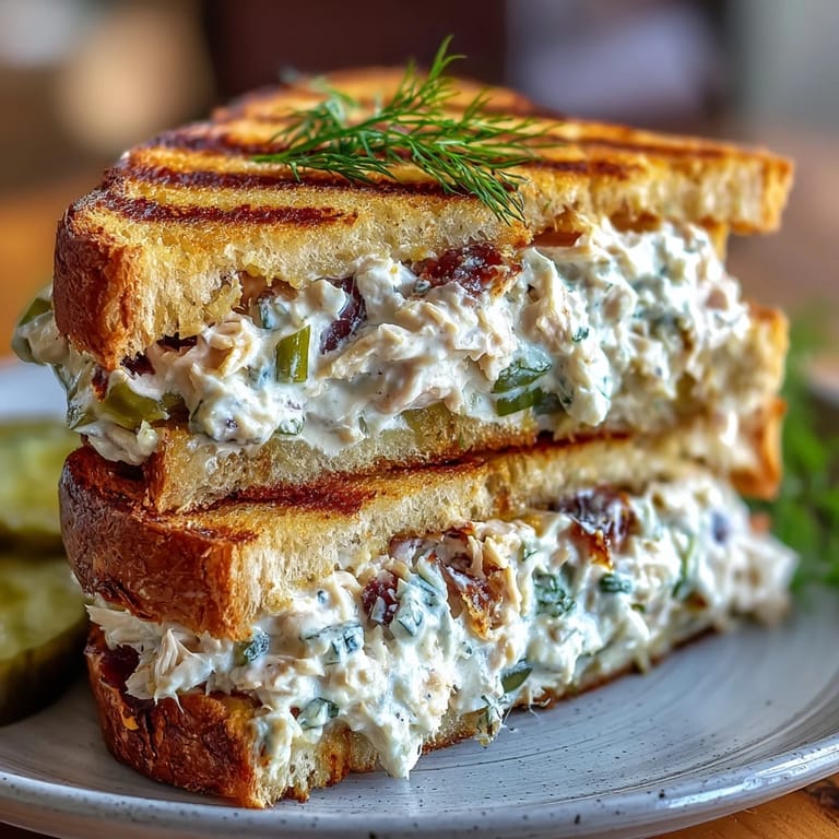 Buttery toasted tuna melt oozing with melted cheese and crisp pickles, perfect for a comforting meal.