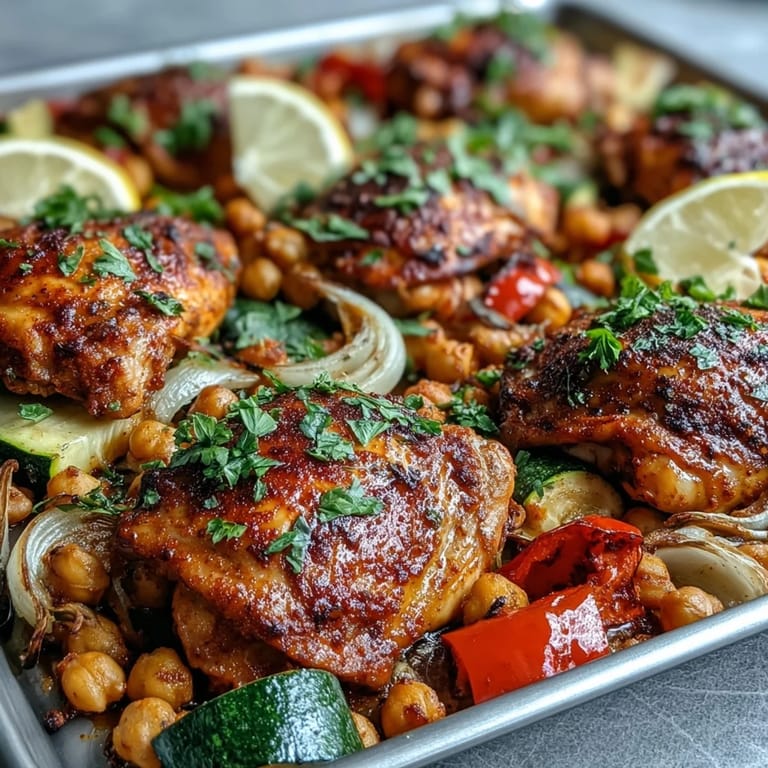 Golden roasted harissa chicken served with chickpeas, zucchini, and bell peppers for a flavorful one-pan meal.