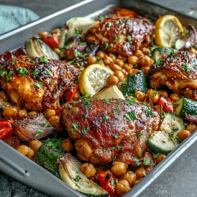 Spicy harissa-marinated chicken thighs nestled among tender vegetables and crispy chickpeas for a bold dinner.  