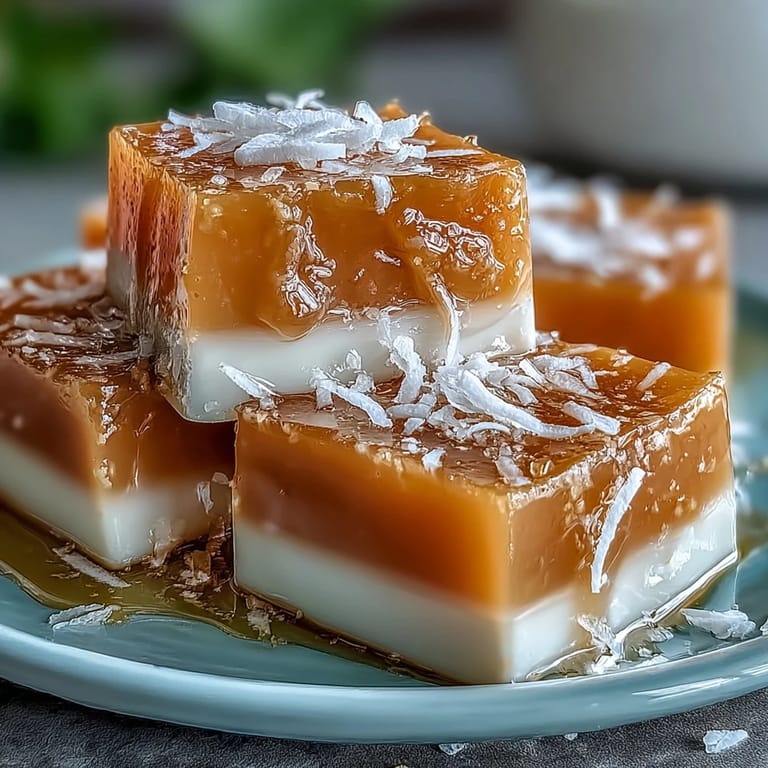 2. Silky mango jelly cubes layered with rich coconut milk, offering tropical flavor in every bite.