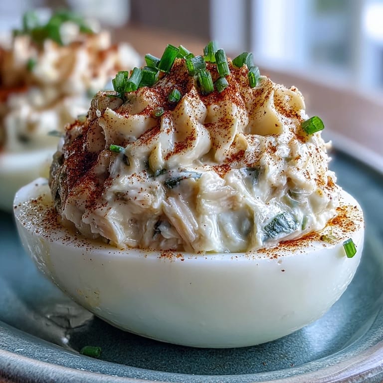 Classic deviled eggs transformed with lump crab meat and a hint of lemon, finished with Old Bay seasoning.