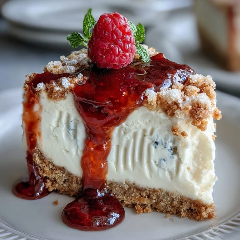 Creamy cheesecake filling topped with homemade raspberry coulis, served on a crisp biscuit base for a delightful Mother's Day dessert.  