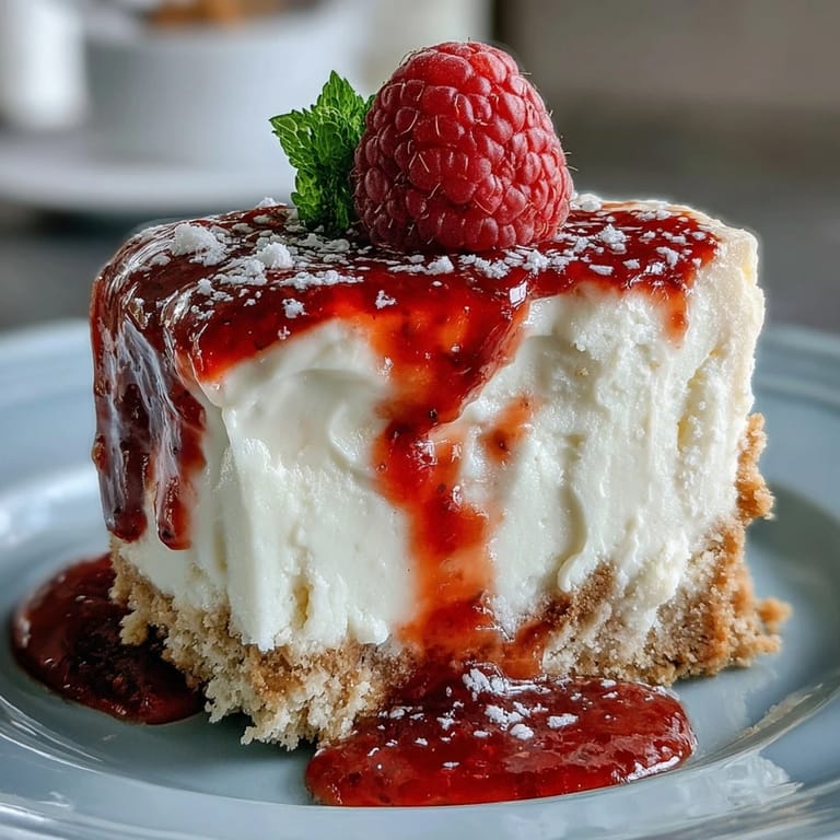 Elegant no-bake cheesecake with rich cream cheese filling, buttery crust, and fresh raspberry coulis, ideal for special Mother's Day moments.