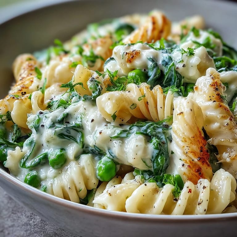 Creamy lemon ricotta pasta with green peas and wilted spinach, served in a skillet with a sprinkle of Parmesan.  