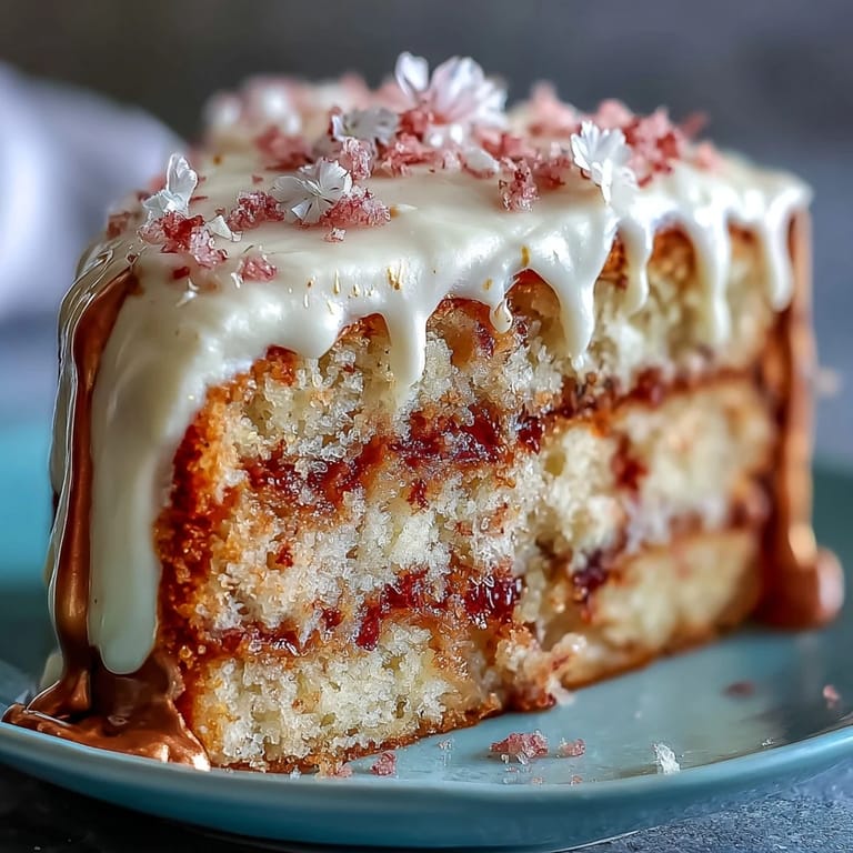 Decadent Rosé Velvet Cake crowned with rich frosting and flowing edible gold.