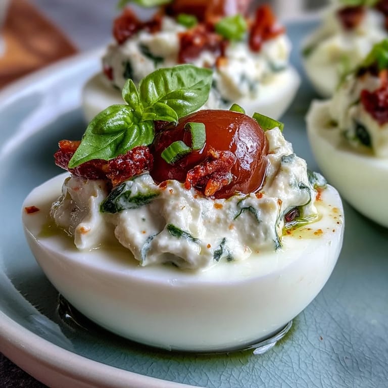 Vibrant deviled eggs with basil oil drizzle, cherry tomatoes, and mozzarella, inspired by classic Italian Caprese salad.