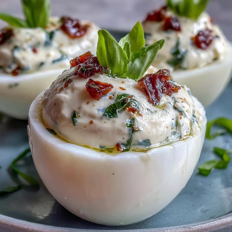 Italian-style deviled eggs filled with creamy yolk mixture and garnished with fresh basil, tomatoes, and mozzarella.
