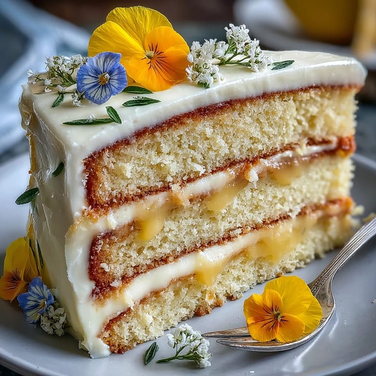 Elegant lemon layer cake decorated with fresh edible flowers, perfect for Mother's Day celebrations and spring gatherings.  