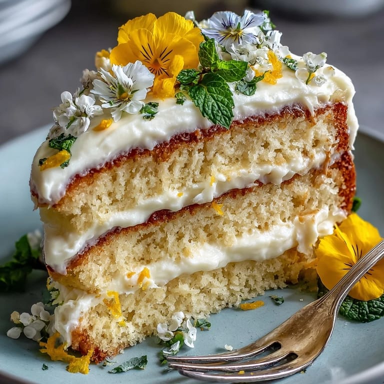 Homemade lemon curd layer cake with edible flowers, offering bright citrus flavor and a beautiful presentation for special occasions.