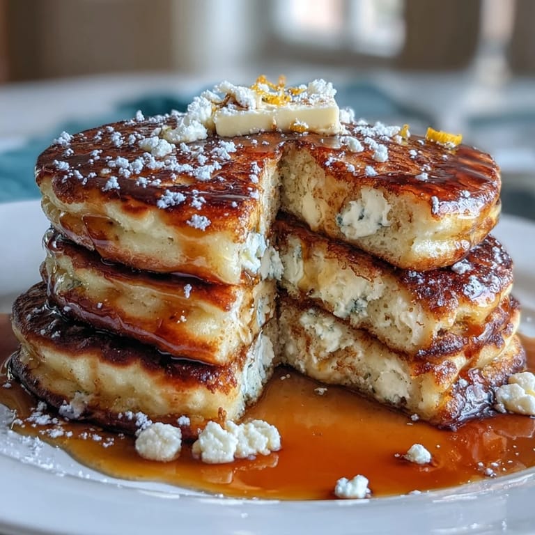 Golden lemon ricotta pancakes with bright citrus zest, served stacked and drizzled with warm maple syrup for a cozy breakfast.
