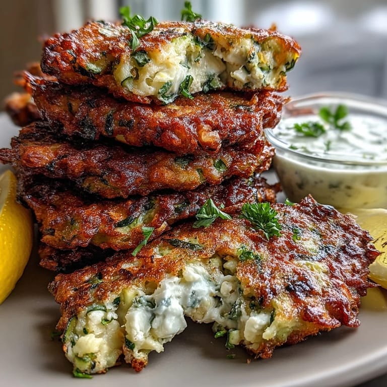 Golden zucchini pancakes with creamy feta crumbles, paired with refreshing mint yogurt sauce for a light Mediterranean appetizer.  