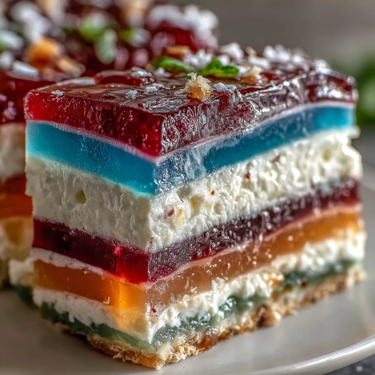 Vibrant layered Agar-Agar Rainbow Jelly Cake, perfect for a chilled summer dessert.