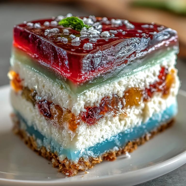 Showcases beautiful Agar-Agar Rainbow Jelly Cake slices drizzled with coconut cream.