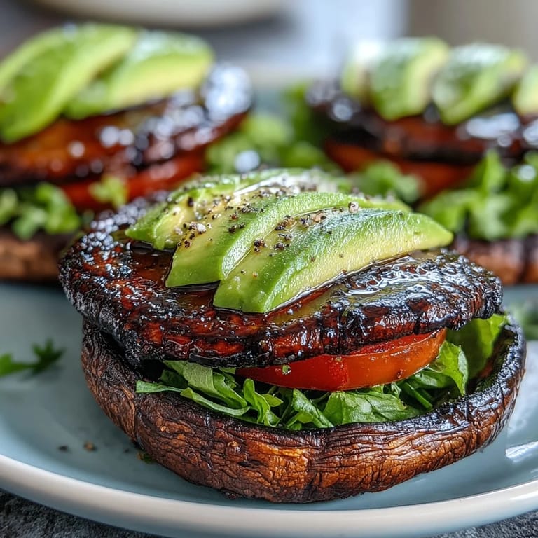 Mouthwatering grilled portobello mushroom burgers featuring creamy avocado, a delicious vegan option.