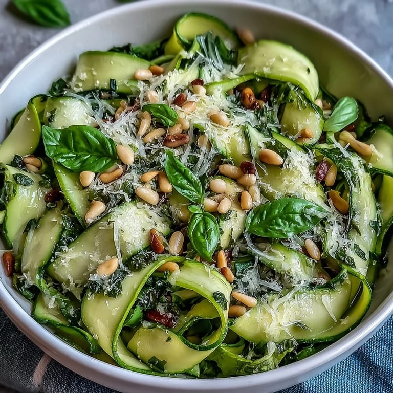 See delicious shaved zucchini ribbon salad ready for a light lunch.