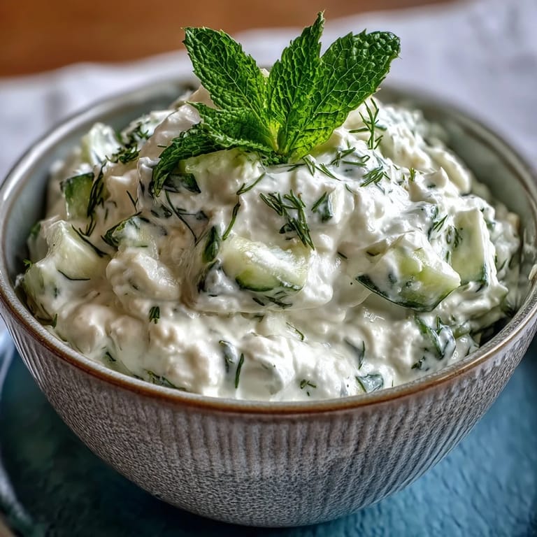 Cool, luscious Greek Skyr Tzatziki, bursting with cucumber and garlic flavor, ideal appetizer.