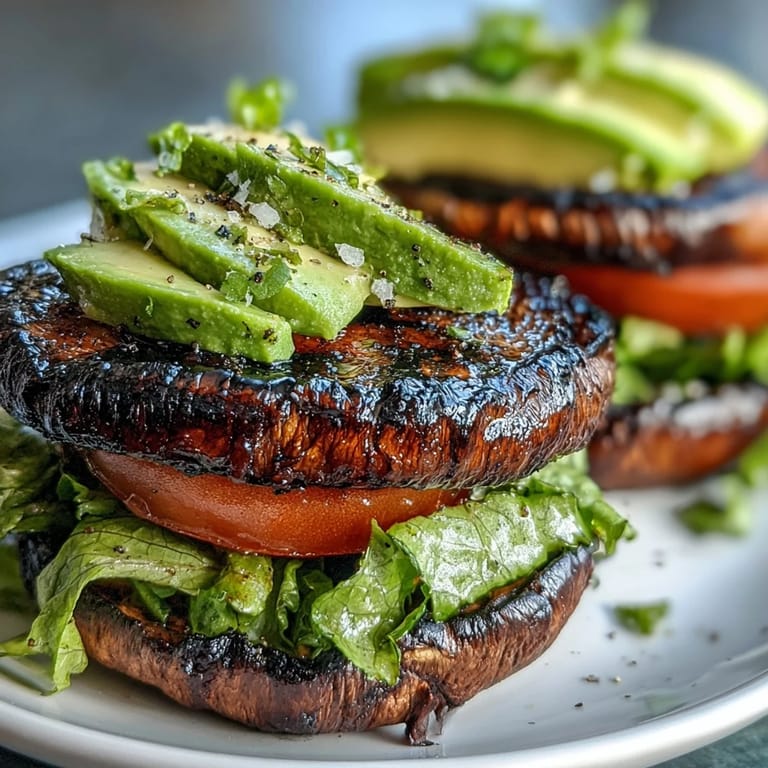 Hearty vegetarian portobello burgers, perfectly charred, ready for a summer cookout.