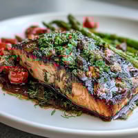 Grilled salmon with lemon herb marinade, served with asparagus and cherry tomatoes on a rustic wooden board.