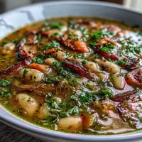 A steaming bowl of white bean and ham hock soup, garnished with fresh parsley and served with crusty bread.  