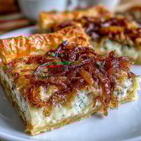 Golden caramelized onion and Gruyere tart with flaky pastry crust, ready for elegant brunch serving.  