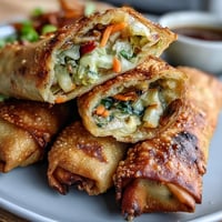 Crispy air fryer vegetable egg rolls filled with cabbage, carrots, and shiitake mushrooms, served with a tangy soy ginger glaze.  