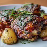 Herb roasted chicken thighs with baby potatoes and carrots, golden and aromatic, served on a rustic baking sheet.  